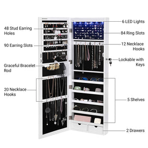 6 LED Jewelry Cabinet Lockable 47.3" H Wall/Door Mounted Organizer with 2 Mirror Drawers