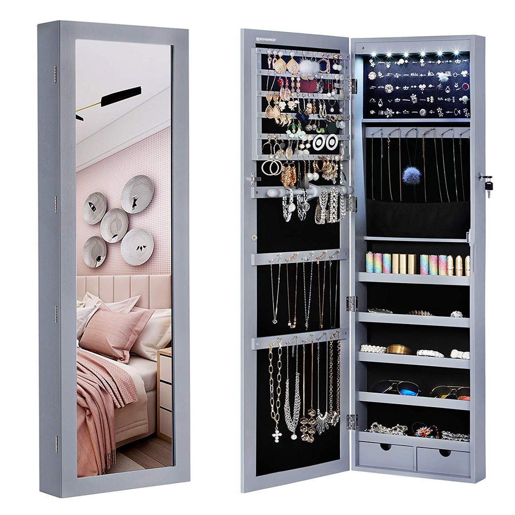 6 LED Lockable Wall/Door Mounted Jewelry Cabinet Organizer with 2 Mirror Drawers.