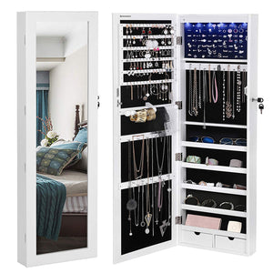 6 LED Jewelry Cabinet Lockable 47.3" H Wall/Door Mounted Organizer with 2 Mirror Drawers