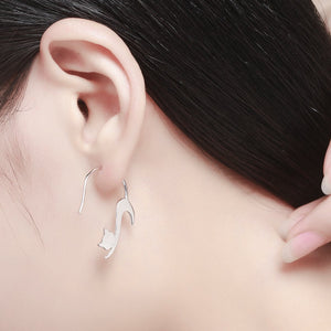 Cute Little Cat Drop Silver Earrings